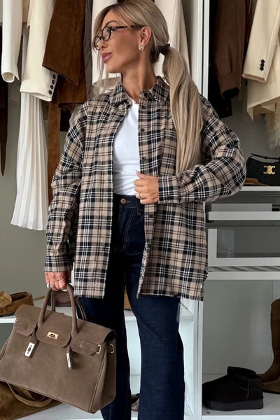 Women's Plaid Tunic Shacket in Parchment - Trendy Layering Top for Fall with Comfortable Fit and Versatile Style