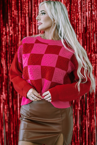 Chic Women's Multicolor Checkered Sweater with Heart Detail - Cozy Knit for Casual Style and Comfort