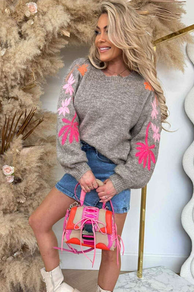 Women's Casual Chic Taupe Sweater with Embroidered Floral Sleeves - Loose Fit, Round Neck Design for Effortless Style