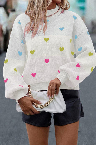Cozy Women's Multicolor Heart Pattern Colorblock Knit Sweater - Chic High Neck Pullover for Casual Comfort