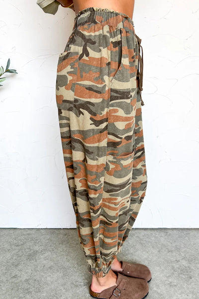 Trendy Women's Green Camouflage Balloon Pants with Drawstring Waist for Casual Comfort and Stylish Everyday Wear