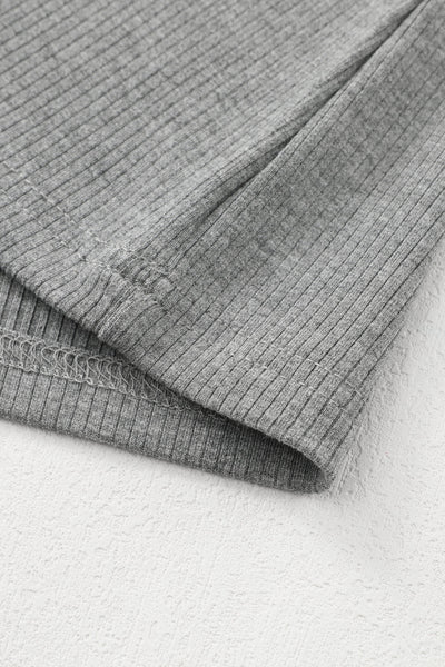 Women's Ribbed Grey Crewneck Top with Sheer Striped Mesh Sleeves
