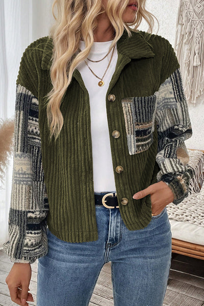 Women's Cozy Jungle Green Ribbed Fleece Plaid Jacket - Effortless Layering with Stylish Patchwork Design