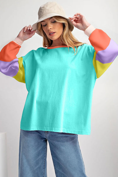 Casual Women's Light Blue Colorblock Long Sleeve Top - Comfortable Loose Fit Patchwork Design for Everyday Style