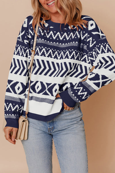 Cozy Women's Navy Blue Abstract Print Pullover Sweater - Stylish Knit Top for Effortless Casual Chic Outfits