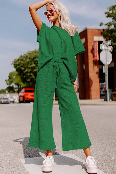 Women's Dark Green Textured Lounge Set - Relaxed Fit T-Shirt & Drawstring Pants for Cozy Everyday Comfort