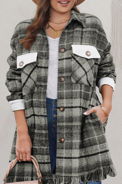 Women's Sage Plaid Plus Size Shacket with Fringe Hem