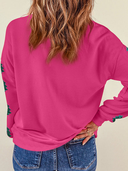 Sequin Merry Christmas Pink Patchwork Sweatshirt with Strawberry Tree Details