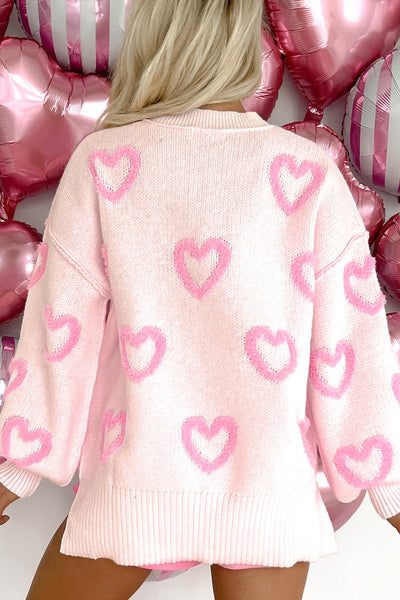Trendy Women's Pink Heart Print Baggy Sweater with Bubble Sleeves - Cozy and Comfortable for Casual Outings