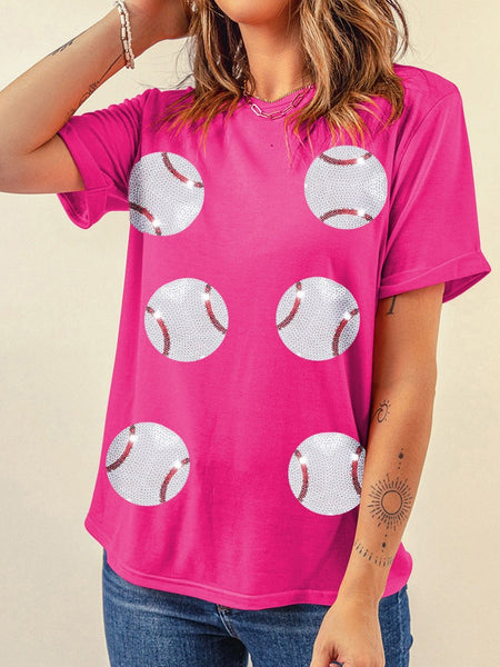 Rose Red Sequin Embellished Baseball Theme Tee