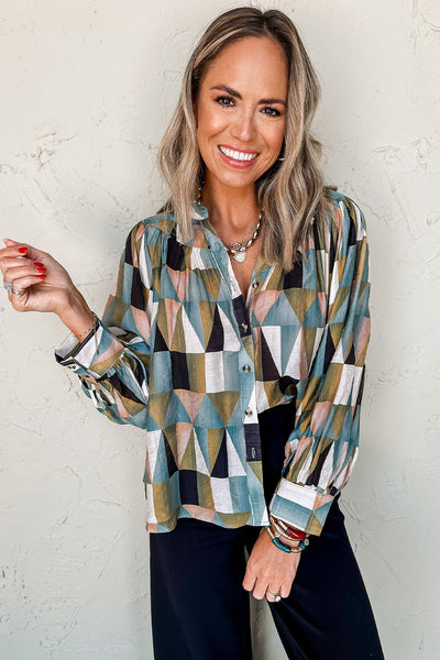 Stylish Women's Green Geometric Print Balloon Sleeve Shirt - Casual Loose Fit Top for Effortless Comfort