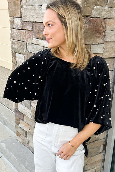 Chic Women's Black Velvet Top with Pearl Beading - Elegant Half Sleeve Design for Casual or Evening Events