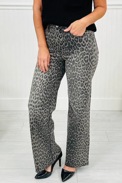 stylish women's high-rise leopard print jeans with tummy control and raw hem - comfortable fit for everyday outfits with practical styling and