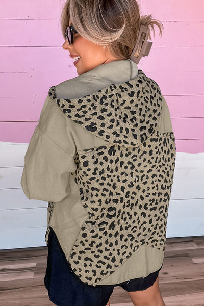 Chic Women's Khaki Leopard Star Hooded Jacket with Contrast Piping - Trendy Open Front for Effortless Layering