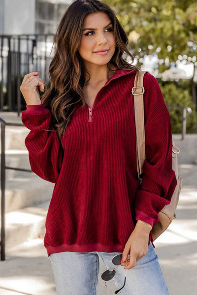 Cozy Women's Red Dahlia Quarter Zip Corduroy Pullover Sweatshirt with Drop Shoulders for Casual Style