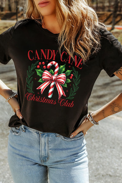 Women's Candy Cane Christmas Club Graphic Tee in Premium Black Jersey made for easy styling and wardrobe coordination, with premium-like structure and