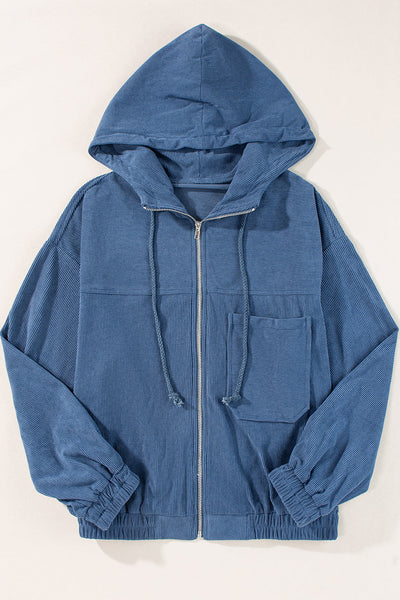 Women's Casual Real Teal Corduroy Hooded Zip-Up Jacket with Drawstring and Pockets for Everyday Comfort