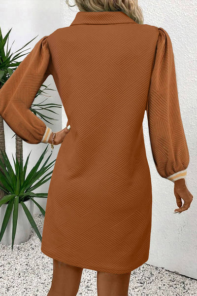 Women's Chestnut Textured Shift Mini Dress with Contrast Trim