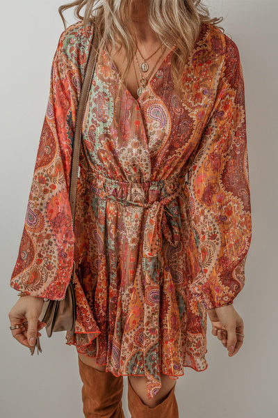 Women's Orange Boho Paisley Print Mini Dress with Long Sleeves, Pleated Design, and Belted Waist for Effortless Style