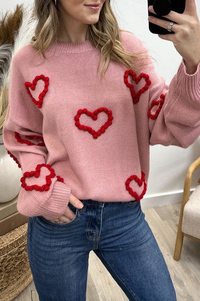 Cozy Women's Fuchsia Drop Shoulder Sweater with Heart Embroidery - Trendy Casual Style for Effortless Chic Looks