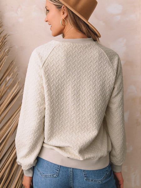 Cozy Beige Quilted Texture Pullover with Raglan Sleeves