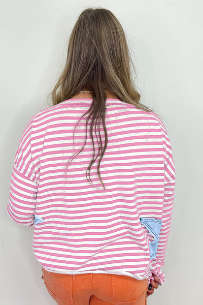 Women's Casual Pink Stripe Knit Top with Starry Patch, Drop Shoulders, and Raw Edge for Effortless Everyday Style