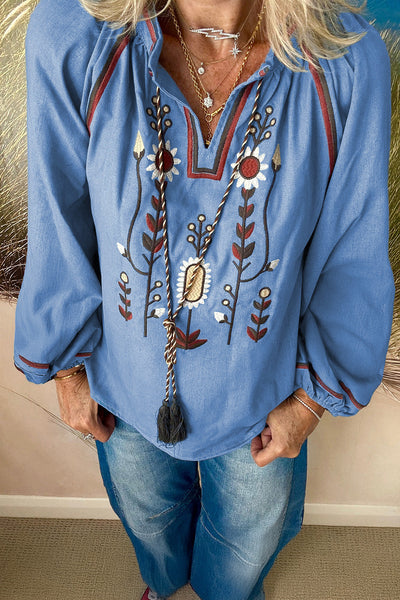 "Chic Women's Real Teal Floral Embroidered Blouse with Split Neck, Tassel Tie & Puff Sleeves for Effortless Style"