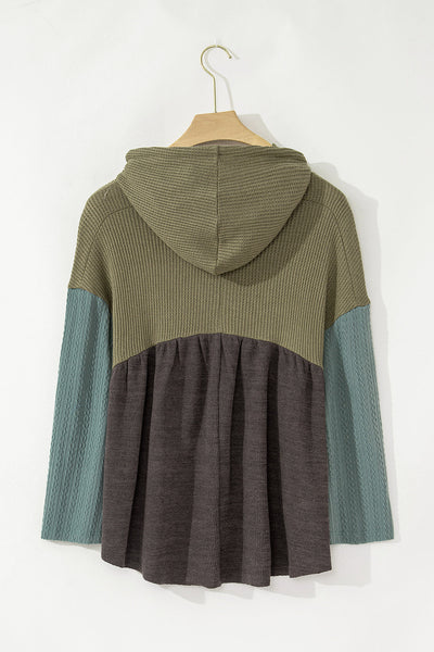 Laurel Green Women's Colorblock Hooded Top with Frayed High-Low Hem, Wide Sleeves & Textured Fabric for Stylish Comfort