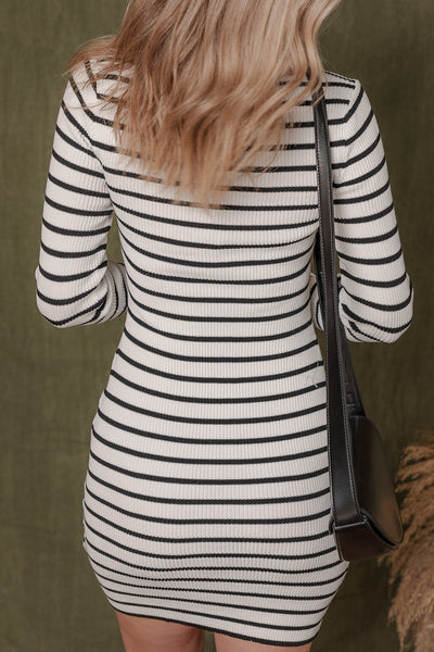Trendy Women's Black Striped Ribbed Knit Mini Sweater Dress with Square Neck - Ideal for Fall Fashion and Casual Outings