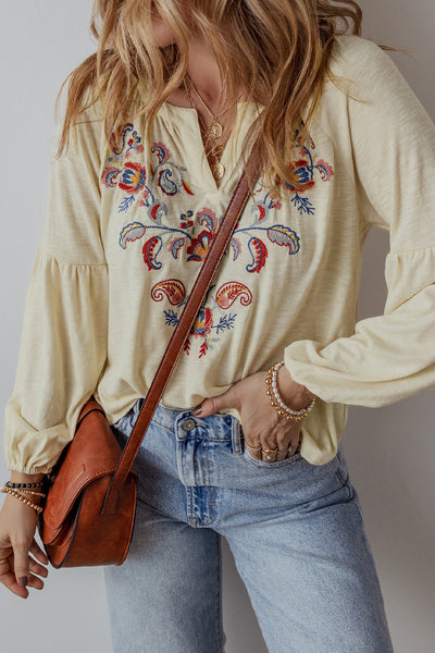 Women's Stylish Apricot Floral Embroidered V-Neck Blouse - Comfortable Fit for Effortless Spring Fashion