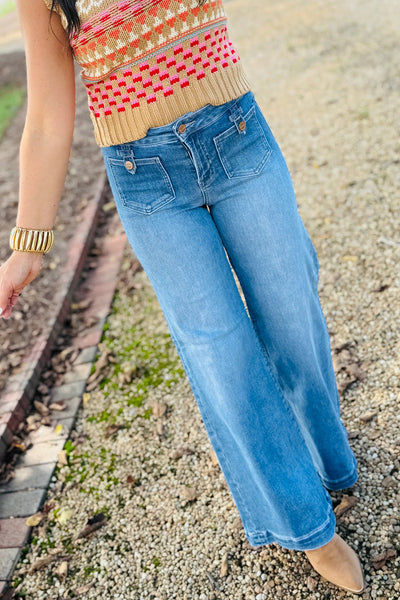 Chic Sky Blue Women's Casual Jeans with Button Tabs & Pockets for Effortless Style, Comfort, and Everyday Wear