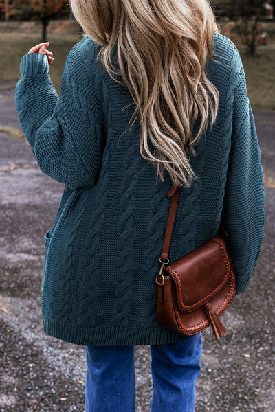 Cozy Women's Peacock Blue Cable Knit Cardigan with Button Front & Pockets - Chic Baggy Style for Casual Looks