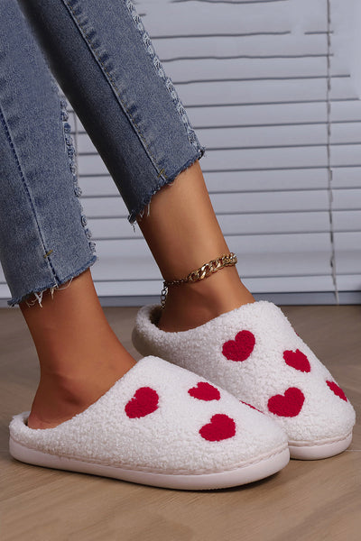 Women's Cozy White Heart Print Plush Slippers Cute and Comfy Valentine's Day Gift for Relaxing at Home