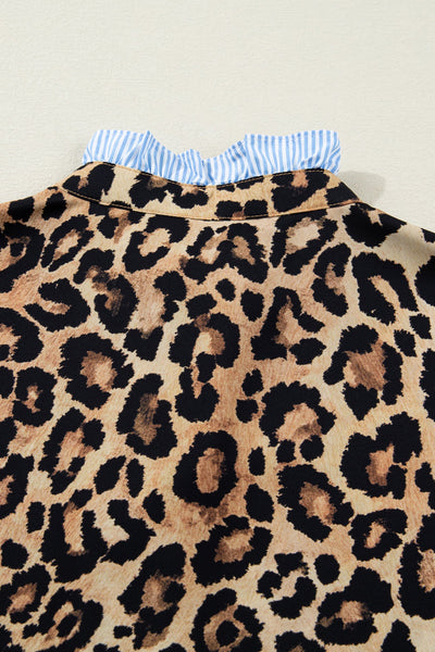 Women's Leopard Print Ruffle Blouse with Striped Contrast