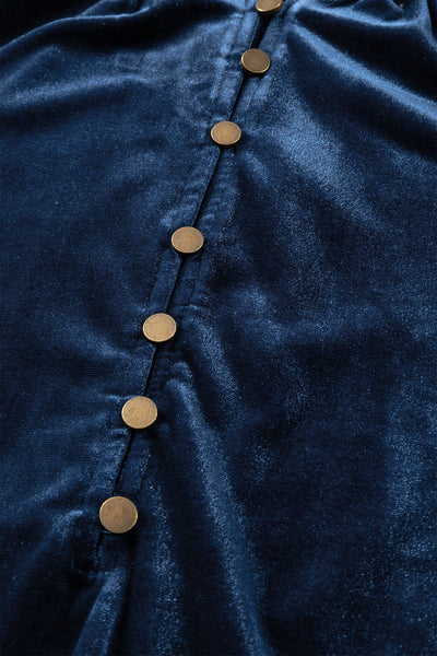 Chic Navy Blue Velvet Women's Top with Frilled Neck and Button Detail - Ideal for Casual and Dressy Events