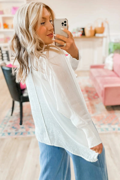 Women's Semi-Sheer Smocked Cuff White Blouse with Dolman Sleeves