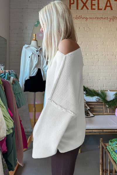 Women's Off-Shoulder Ribbed Knit Oversized Sweater in Ivory
