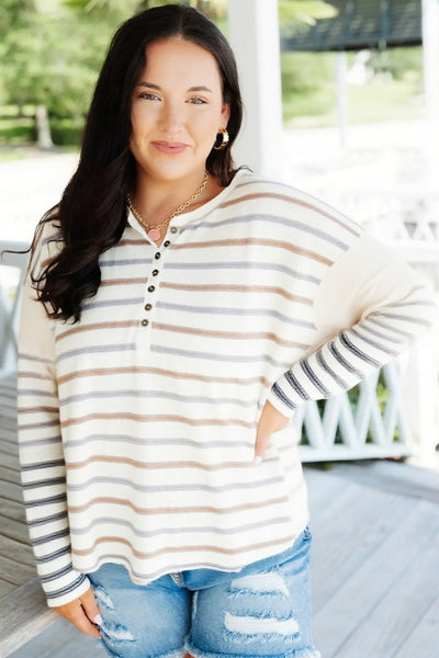 Plus Size Women's Khaki Stripe Long Sleeve Henley Top with Contrast Details for Chic Everyday Style