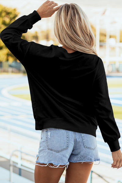 Stylish Women's Black Graphic Sweatshirt with Drop Shoulders for Game Day Comfort and Trendy Casual Wear