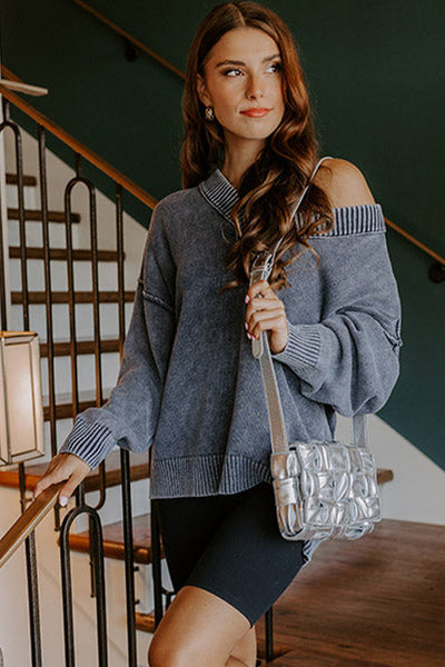 Women's Relaxed Fit Navy Blue V-Neck Knit Sweater with Drop Shoulders and Exposed Seams - Mineral Wash Style