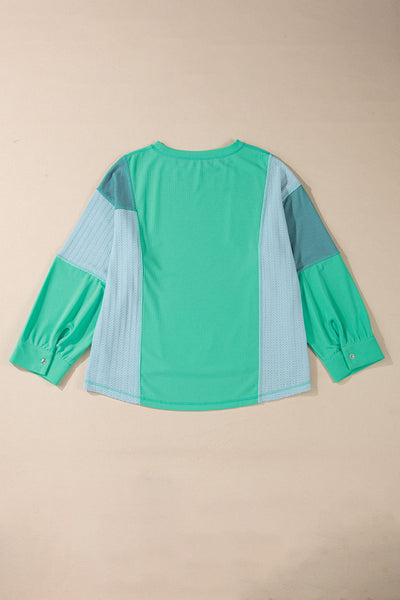 Women's Stylish Green Colorblock Long Sleeve Top with Button Closure & Stitching Detail - Casual Chic for Everyday Wear