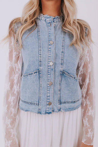 women's stylish women's beau blue denim vest with scalloped trim and patch pockets - perfect button-up for casual summer looks with practical styling