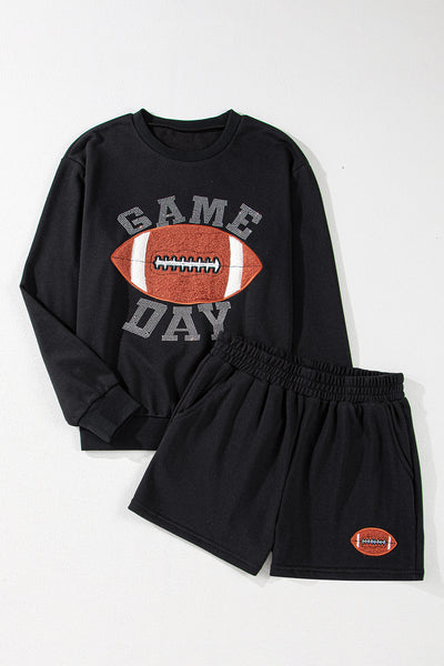 Women's Black Rugby Graphic Pullover & Shorts Set - Casual Athletic Outfit for Game Day Sports Fans