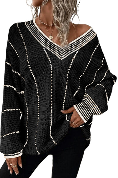 Cozy Black Colorblock Striped V-Neck Sweater for Women - Effortless Loose Fit Perfect for Fall and Winter Fashion