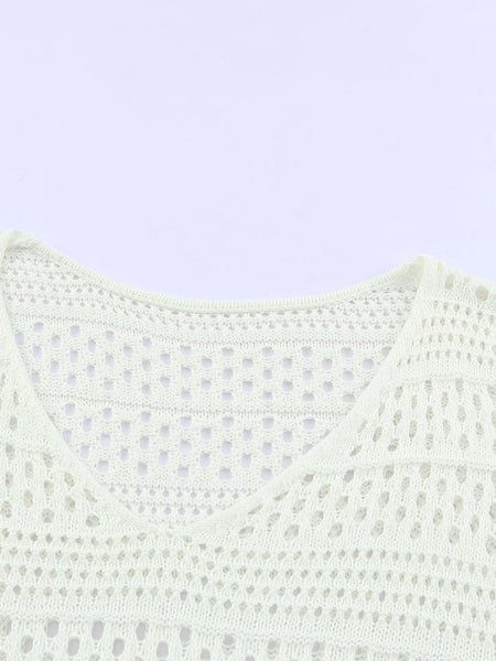 Women's White Crochet V Neck Pullover Sweater with Hollow Out Detail