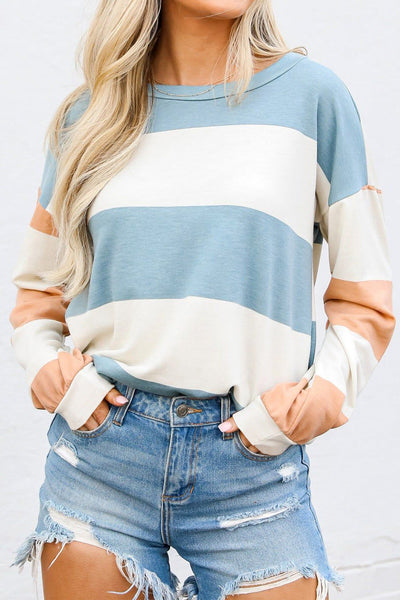Women‚Äôs Casual Light Blue Colorblock Striped Long Sleeve Drop Shoulder Top - Effortless Chic for Everyday Style