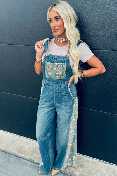 stylish women's peacock blue floral patchwork wide leg denim overalls - comfortable fashion for casual outings made for easy styling and wardrobe with