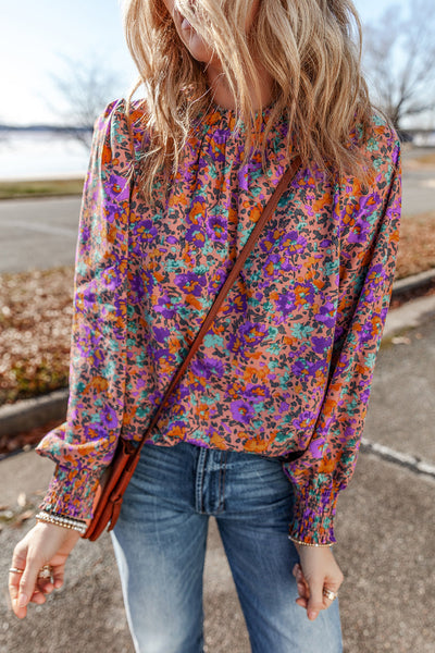 Elegant Women's Purple Floral Blouse with Frilled Neckline & Shirred Cuffs - Perfect for Casual or Formal Occasions