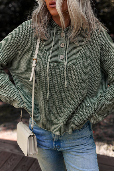 Women's Mist Green Ribbed Knit Hooded Pullover Sweater - Cozy Casual Style with Drawstring and Mineral Wash Finish