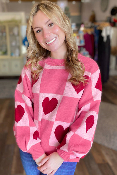 Cozy Women's Pink Heart Checkered Sweater - Cute Crew Neck for Valentine‚Äôs Day and Romantic Outings